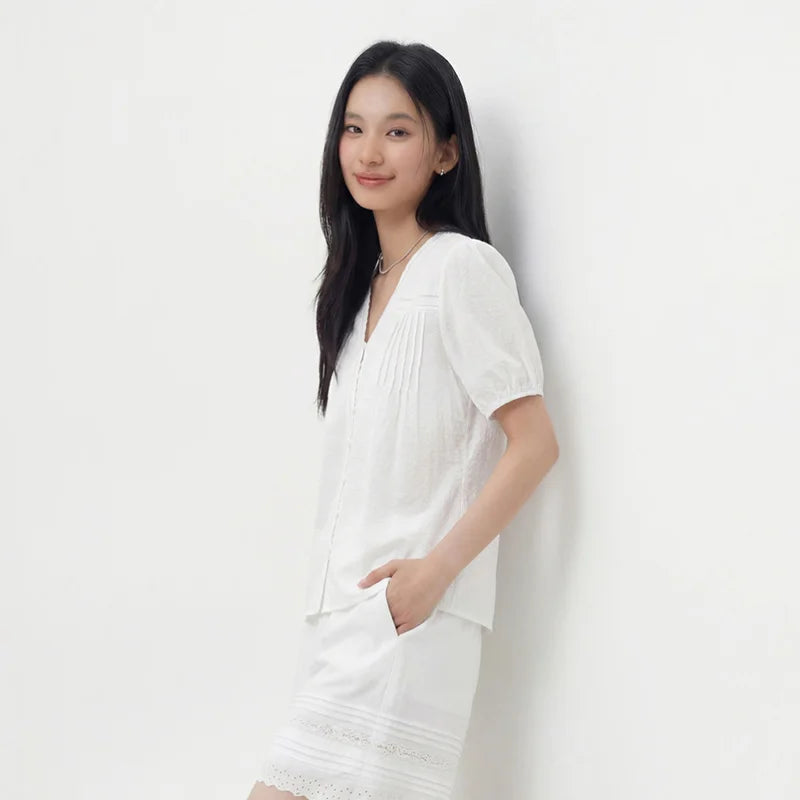 Semir Womens Shirt 2026 White Texture Puff Sleeve Ruffle V Neck Sweet Fashion Design Casual