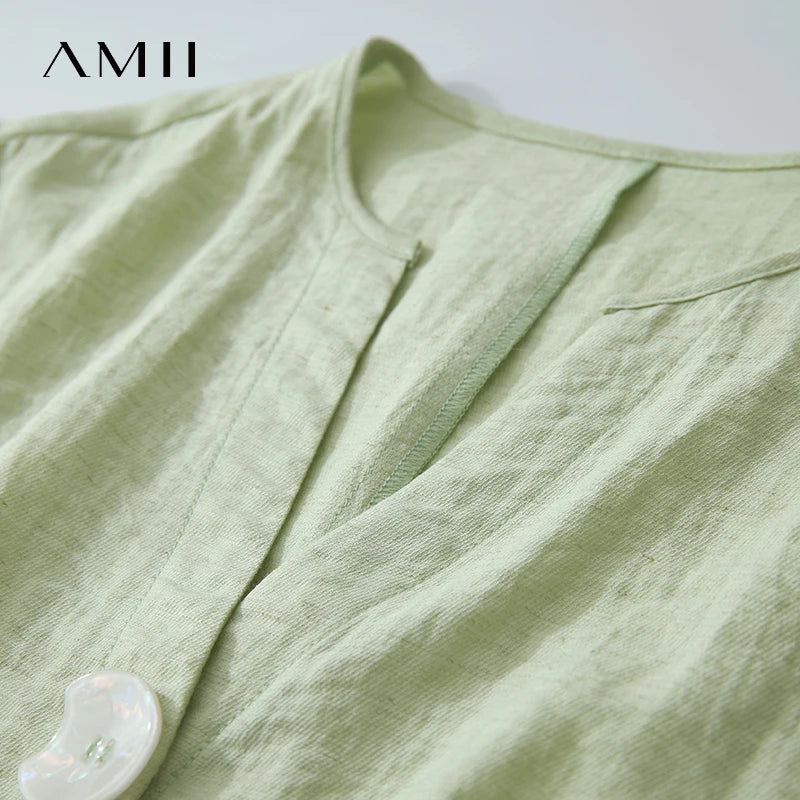 រ៉ូប AMII Minimalist ឆ្នាំ ២០២៥ រដូវក្តៅ មុខរបរ ការិយាល័យ ស្ត្រី ទីក្រុង ចង្កេះអក្សរសាស្ត្រ ស្ត្រី ក V Alien Buckle Linen Midi Dress 12522091