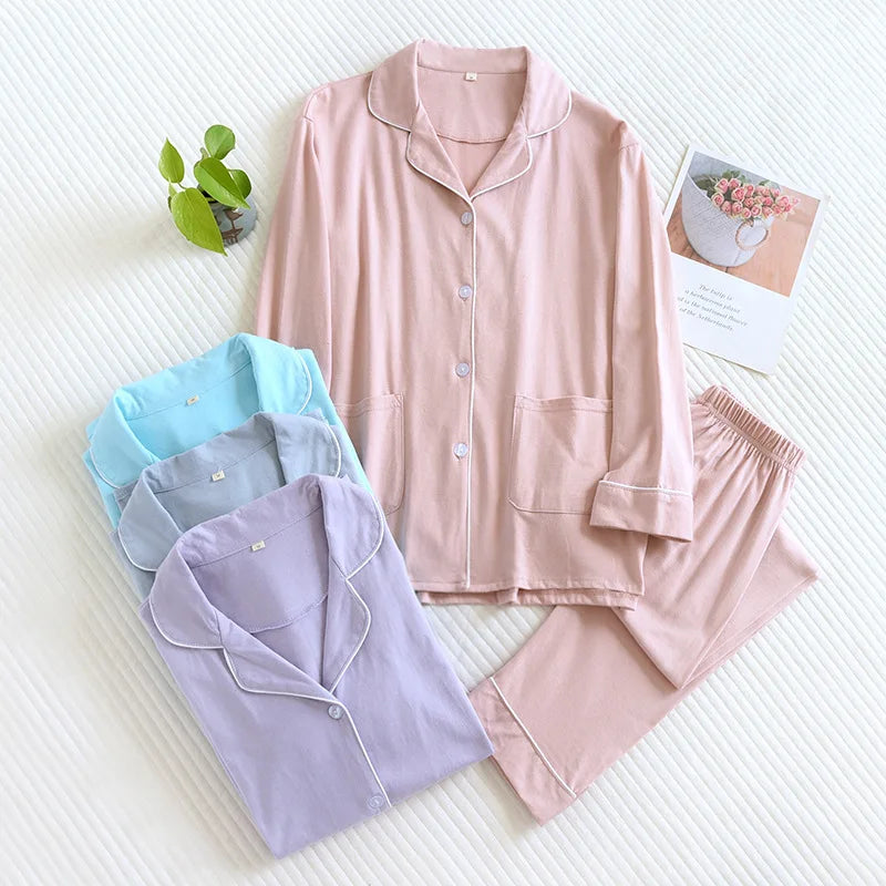 Casual Knitted Couple Long Sleeve Nightwear Suit Men's And Women's Sleepwear Home Clothes Spring Autumn Cotton Pajamas Set