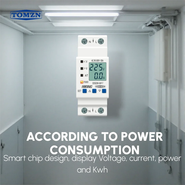 TOMZN Rail-Mount Adjustable Over/Under Voltage Protector With Current/Temperature Limit Protection, Voltage/Current/kWh Metering