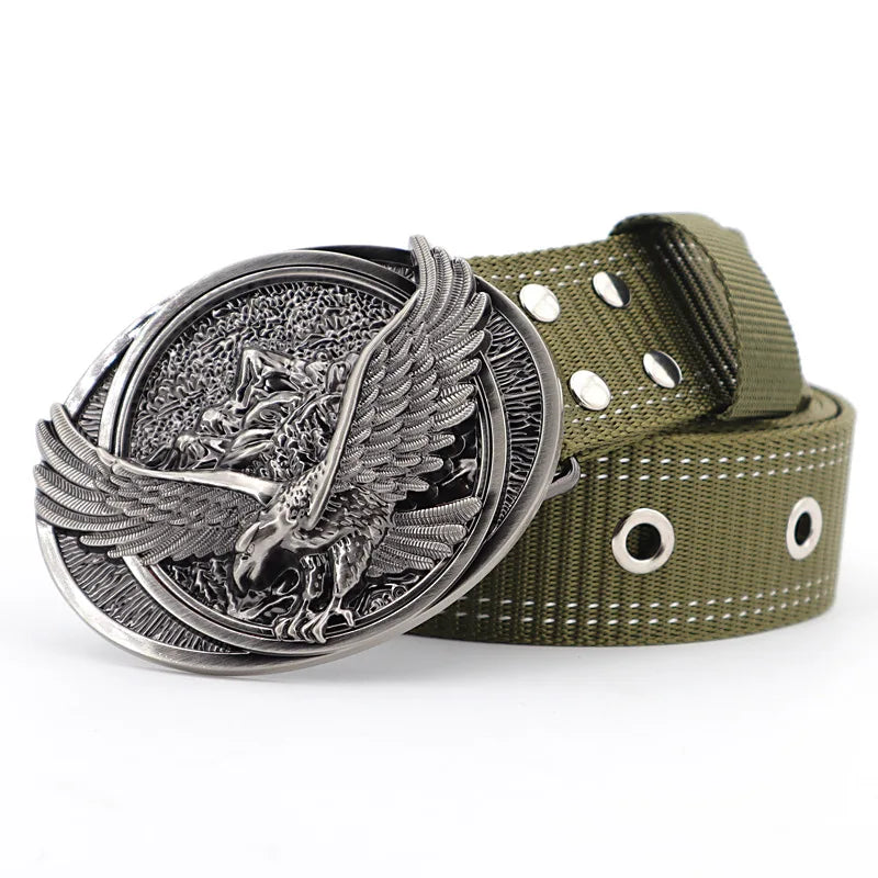 2026 Buckle Engraved with Eagle Nylon Belt Men's Outdoor Tactical Belts Pin Buckle Versatile Jeans Canvas Cinturon Men Waistband