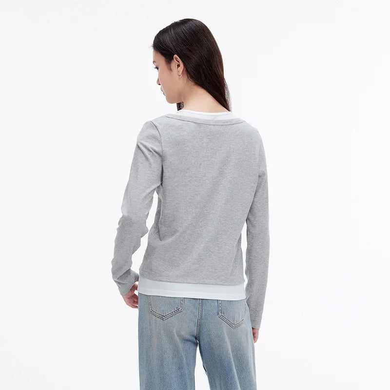 Semir Women Tshirt Slim Long Sleeve Patchwork Faux Two Piece Layering Base Top Autumn Casual Style Daily Wear 2026