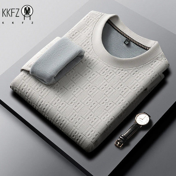 Mens Winter Long Sleeve Knit Top All Over Embossed Pattern Fleece Lined Round Collar Comfort Business Shirt