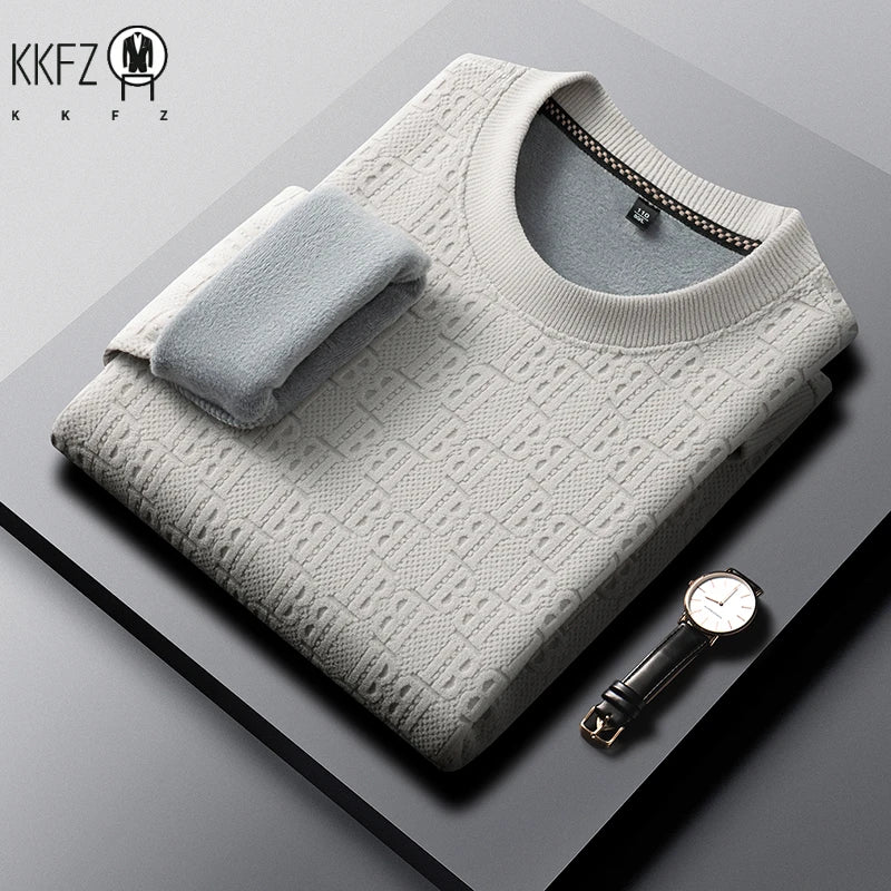 Mens Winter Long Sleeve Knit Top All Over Embossed Pattern Fleece Lined Round Collar Comfort Business Shirt