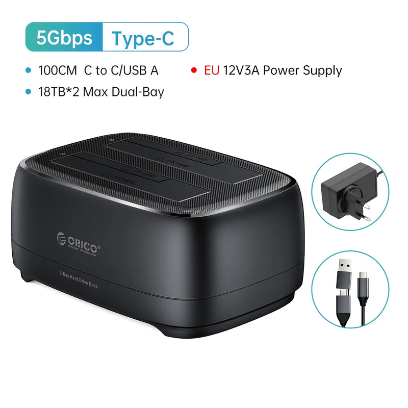 ORICO Dual-bay Hard Drive Station USB3.0 5Gbps Type-C HDD Docking Station  with 12V 3A Power Adapter  for 2.5/3.5 Inch HDD/SSD