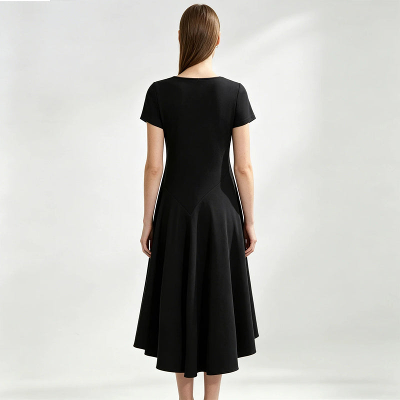 Amii U-Neck Women's Dress 2026 Summer New Slim Short Sleeve Fit A-Line Midi Dress Solid Color Casual Women's Clothing 12642201