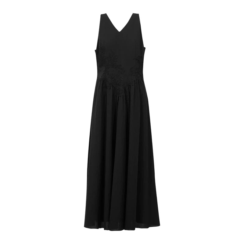Amii Womens Dresses 2026 Summer New V Neck Lace Trim Linen Blend Sleeveless A-Line Dress Elegant Casual Woman Clothing 12642051