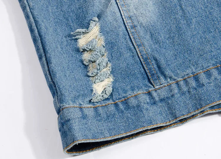 Men's Sleeveless Hooded Denim Jacket for Spring and Fall; Blue Single-breasted Distressed Vest; Asian Sizes M–5XL.