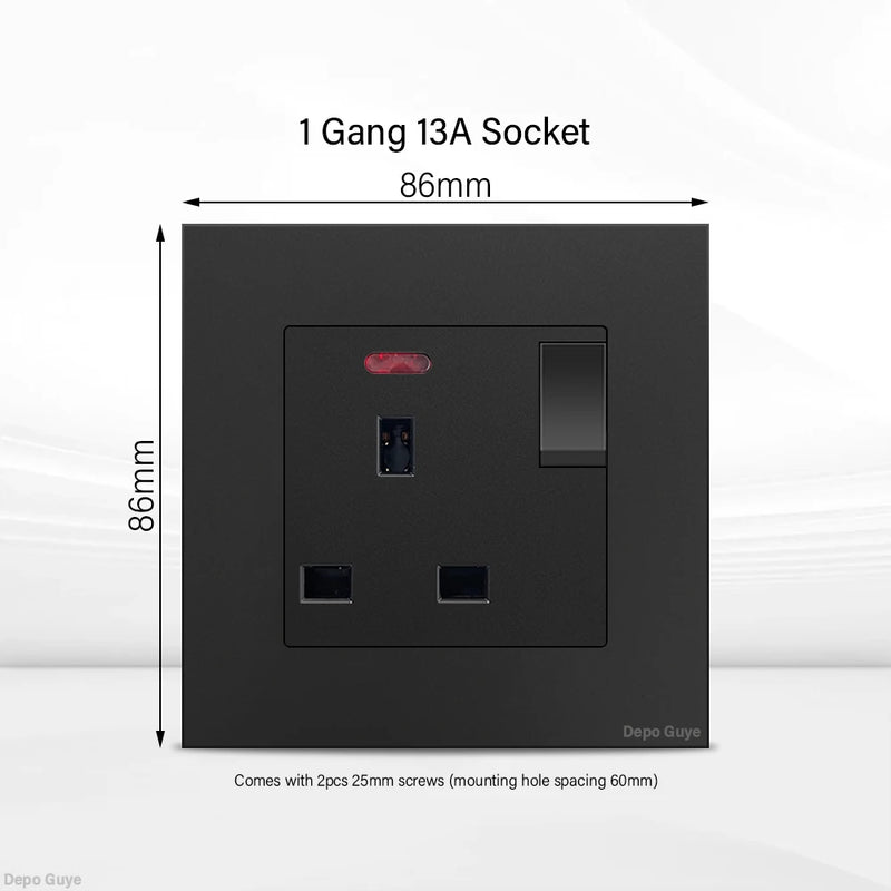 Black UK 13A Wall Socket with USB Type C 18W Quick Charge Plug Socket,Universal Wall power outlet 220V Electrical Light Switch