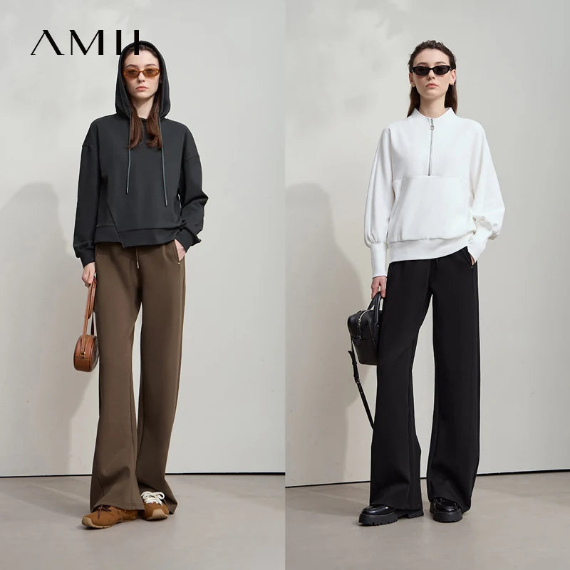 ខោជើងវែង AMII សម្រាប់នារី Minimalist ឆ្នាំ ២០២៥ រដូវស្លឹកឈើជ្រុះ ខោចង្កេះយឺត ខោរលុង ខោពណ៌សធម្មតា 12523022