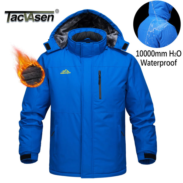 TACVASEN Mens Ski Jacket Waterproof Fleece Parka Coat Detached Hood Windproof Placket Outdoor Coat Winter Warm 5 Pocket RainCoat