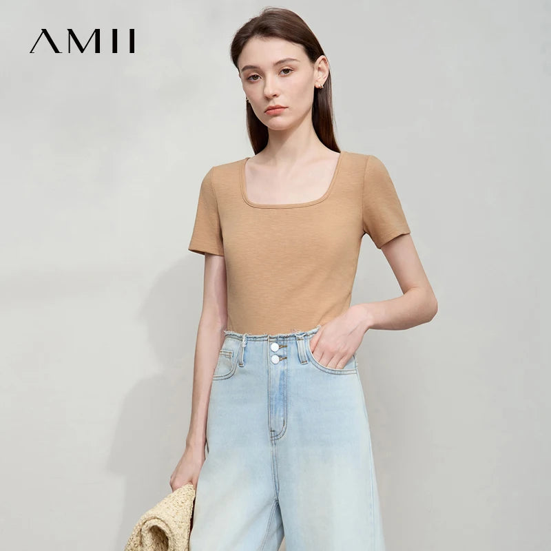 អាវយឺត AMII Minimalist រដូវក្តៅ 2026 សម្រាប់នារីការិយាល័យ ក U ដៃខ្លី អាវកប្បាសប៉ាក់ត្រង់ សម្លៀកបំពាក់សម្រាប់នារីៗ 12542304