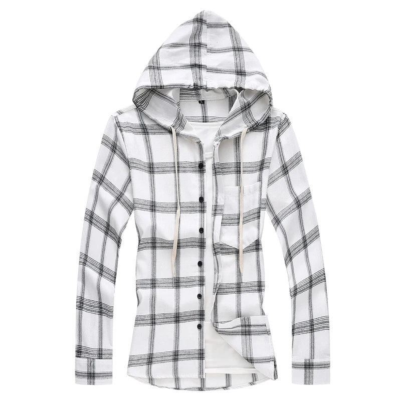 2026 New Men's White Plaid Hooded Shirt, Single Breasted, Long Sleeve Shirts, Black Fashion, Casual Tops
