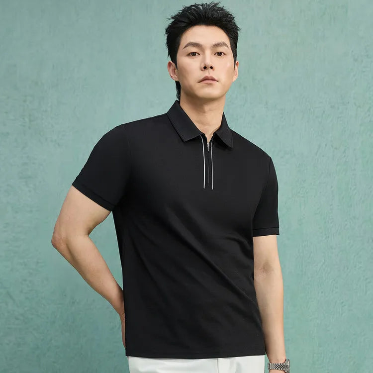 Men's Zipper Polo Shirt – Soft Lyocell Linen Silk Blend, Breathable & Stretchy, Business Casual Short Sleeve for Summer Travel