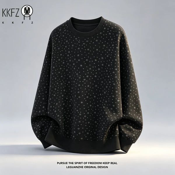 Mens Long Sleeve Crew Neck Star Print Pullover Soft Fleece Relaxed Fit Fabric Casual Street Top For Autumn