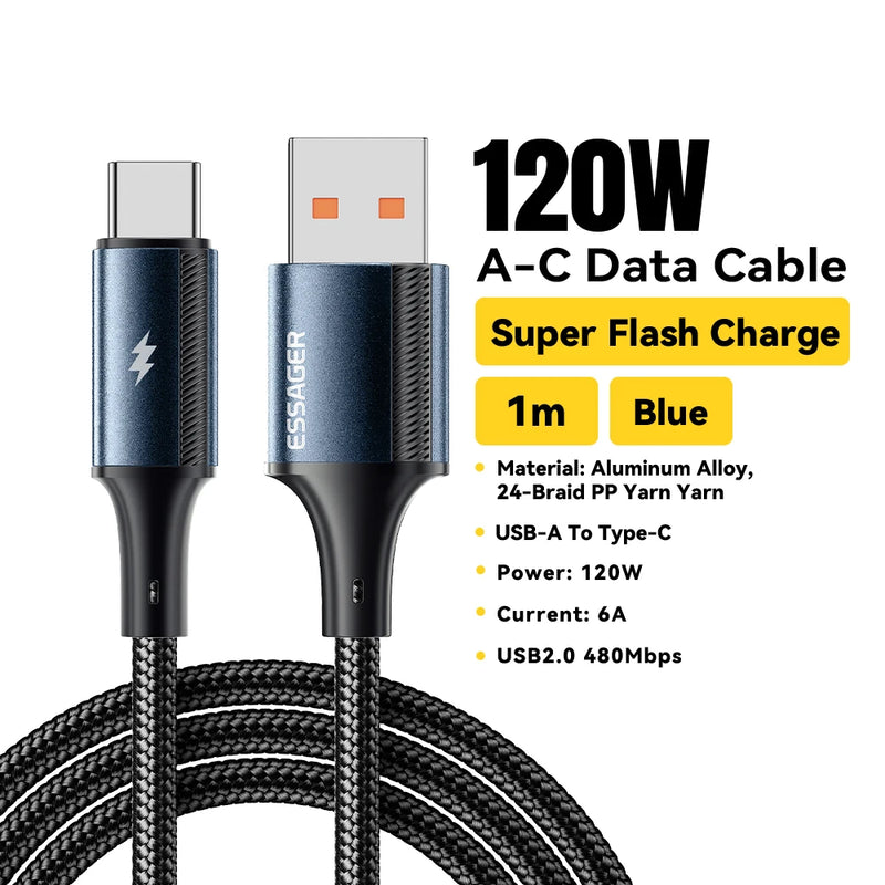ខ្សែសាក Essager 120W 6A ខ្សែសាកលឿន Type C សម្រាប់ Xiaomi 14 Ultra Huawei Samsung Oneplus USB Type C Data Cables