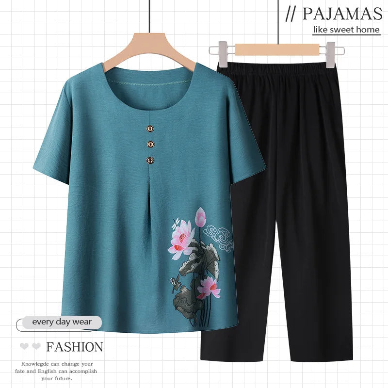 Cotton Printed Middle Aged Mother Sleepwear Short Sleeve Women's Pajamas Set Summer Home Wear Grandma Two Piece Outfit XL-4XL