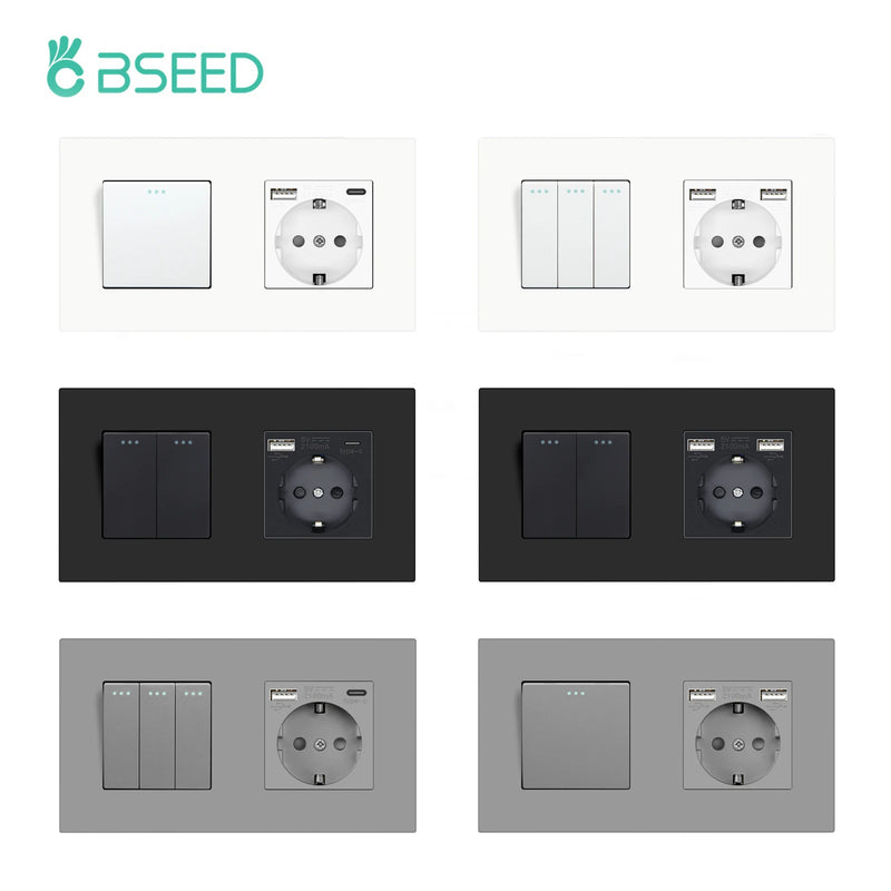 BSEED Mechanical Button Switches With Power Socket 1/2/3Gang 1Way Plastic Panel Electrical Outlets USB Type-C Wall Socket 16A