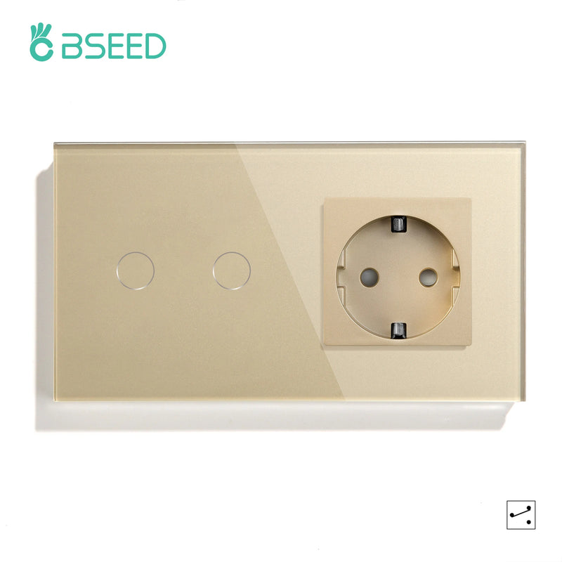 Bseed Touch Light Switch 1/2/3Gang 2Way Wall Socket Type-C USB Port Light Switches For Stairs Glass Panel Blue Backlight 240V