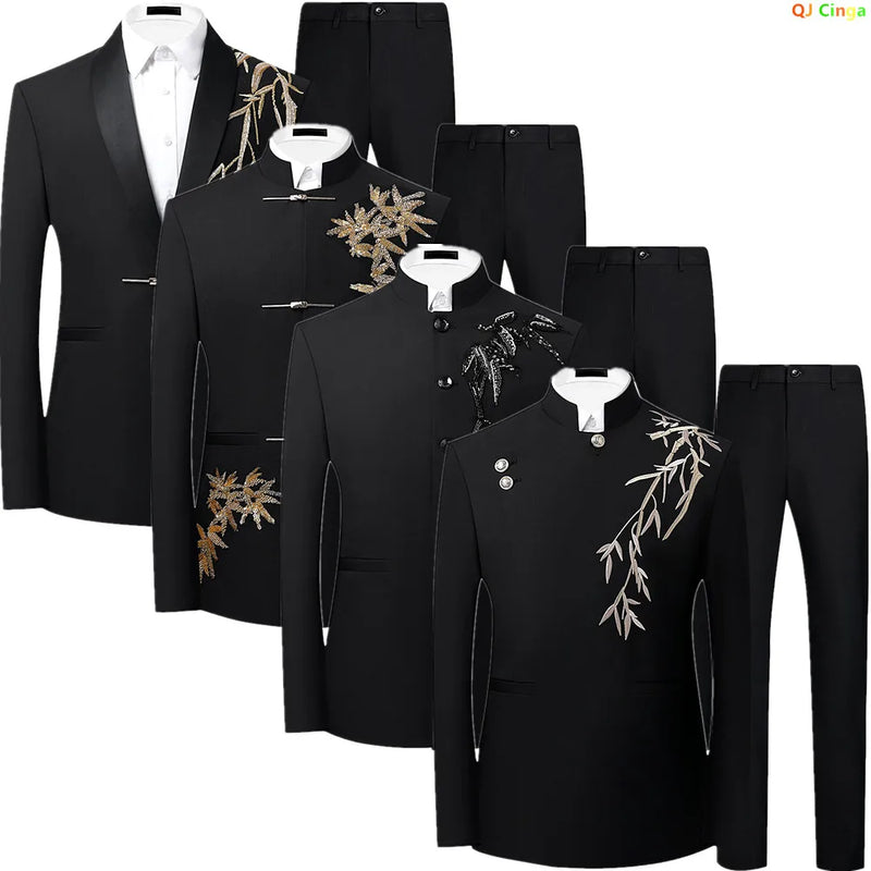 2027 New Men's Black Two-Piece Suit Set: A Chinese-style Stand-up Collar Jacket Paired with Slacks.