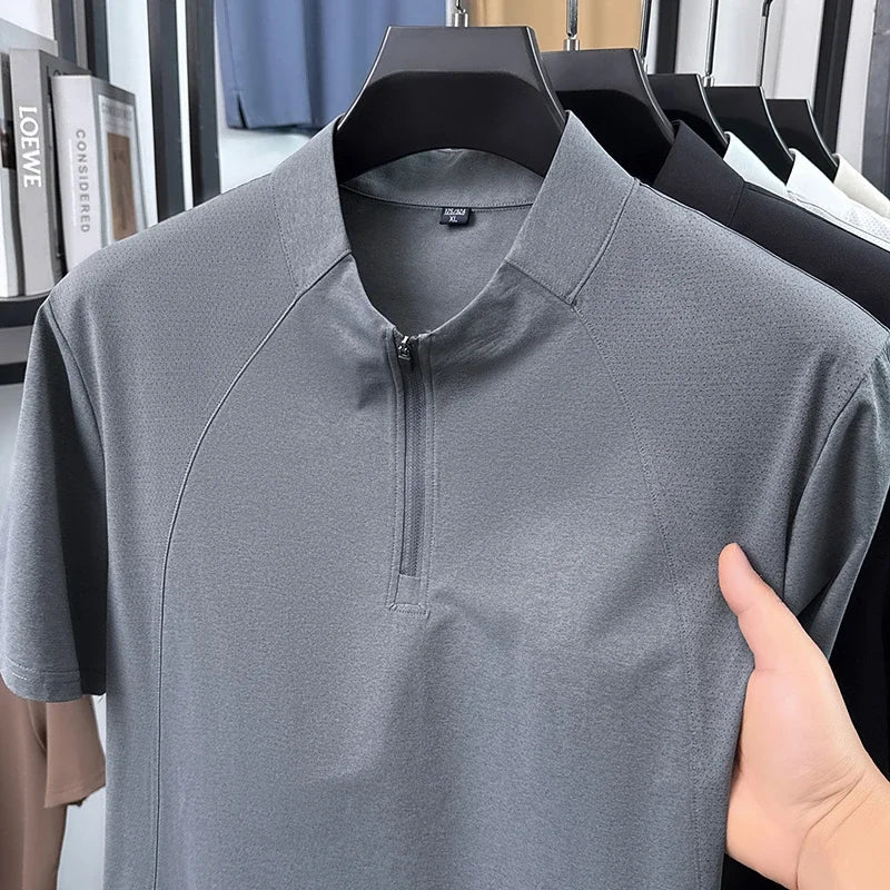 Mens Comfortable Quarter Zip Polo Shirt Short Sleeve Stand Collar Soft Touch Daily Wear Top