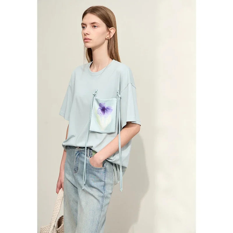 Amii Minimalism T-shirt Women's 2026 Summer Knit Casual Print Pockets Short-sleeve Cotton Loose Tee Elastic O-Neck Tops 12442008