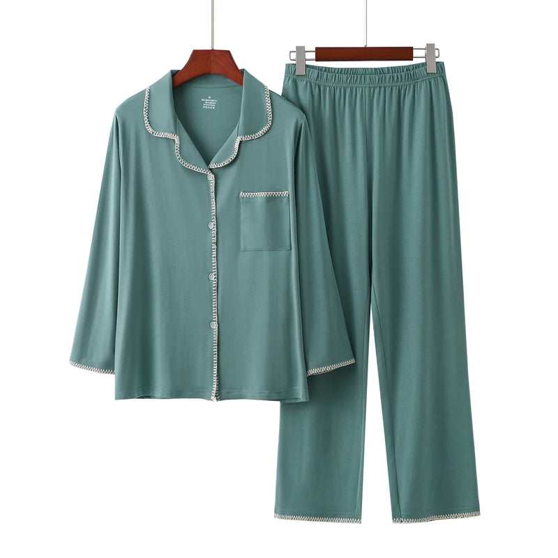 New Embroidery Modal Long Sleeved Spring Autumn Pajamas For Women Sleepwear Trousers Sets High Quality Women's Home Clothes