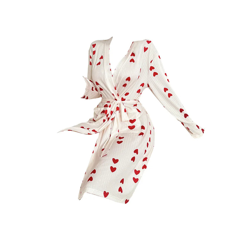 Fashion Long-sleeved Love-printed Home Clothes Spring Autumn Women Night Dress Four-season Night Gown Robes for Women Wedding
