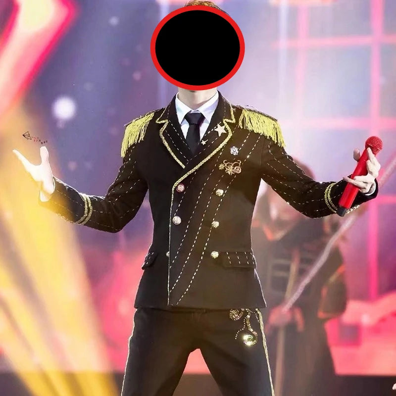 Men's Black Blazer with Fringe Detailing on The Shoulders, Perfect for Stage, Bar, or Singer Gold-buttoned suit Jacket.