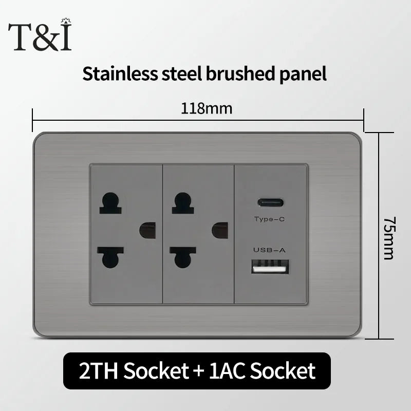 T&I 118 Premium Stainless Steel Brushed Wall Socket with USB Type - C, US Switch, Thai Plug for Home & Office Use