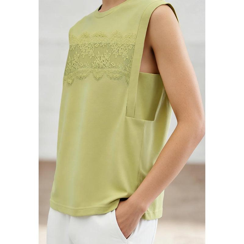 Amii Women's Top 2026 Summer New Round Neck Lace Trim 100% Cotton Tank Tee Loose Casual Sleeveless T-Shirt For Women 12622139