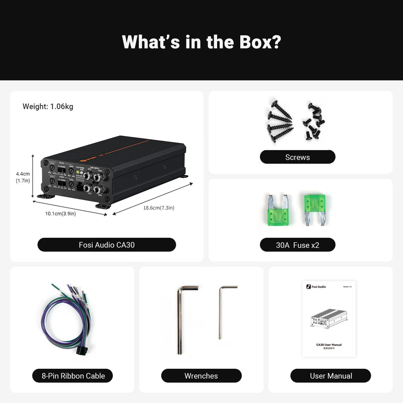 ឧបករណ៍ពង្រីកសំឡេងរថយន្ត Fosi Audio CA30 ឧបករណ៍ពង្រីកសំឡេងរថយន្ត 4 ឆានែល Class D HIFI ឧបករណ៍ពង្រីកសំឡេងស្តេរ៉េអូ អំភ្លី Subwoofer 100W*4@4Ω គាំទ្រការតភ្ជាប់