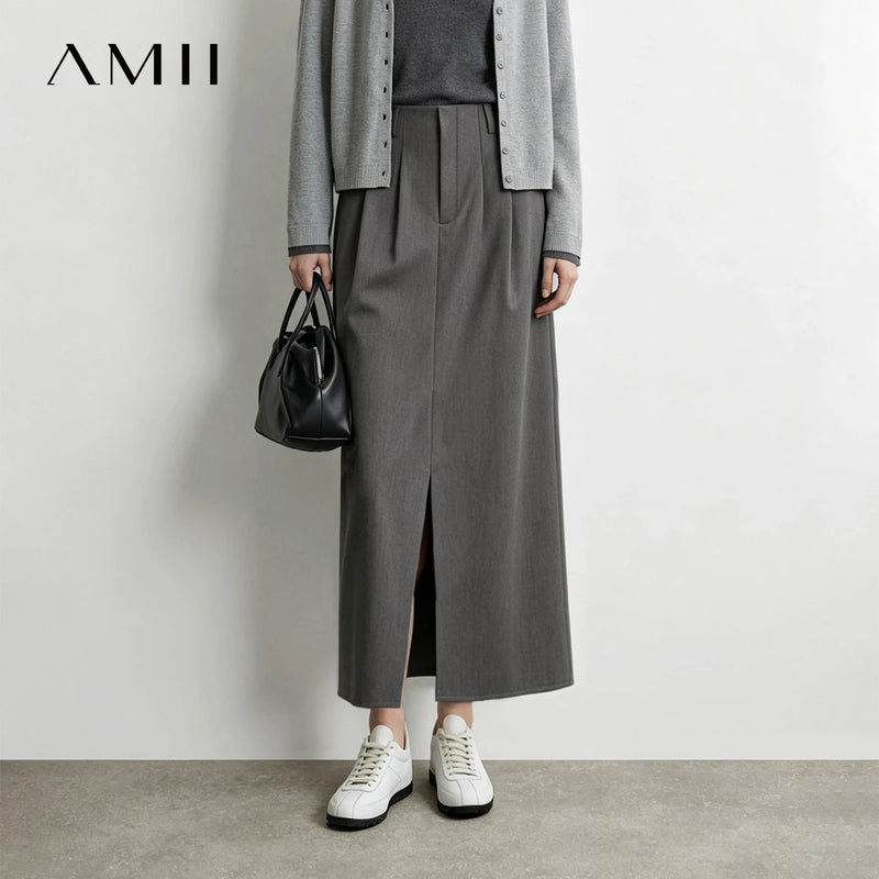 Amii Women Straight Long Skirt Front Slit Loose Fit Slimming Minimalist Commuter Versatile Winter 2026 Skirts for Women 12624016