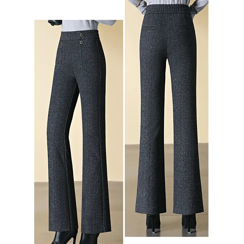 New Winter Women's Slightly Flared Pants,Elastic Waist Herringbone High Waisted Trousers,Beige,Coffee,Gray Available, Asian Size