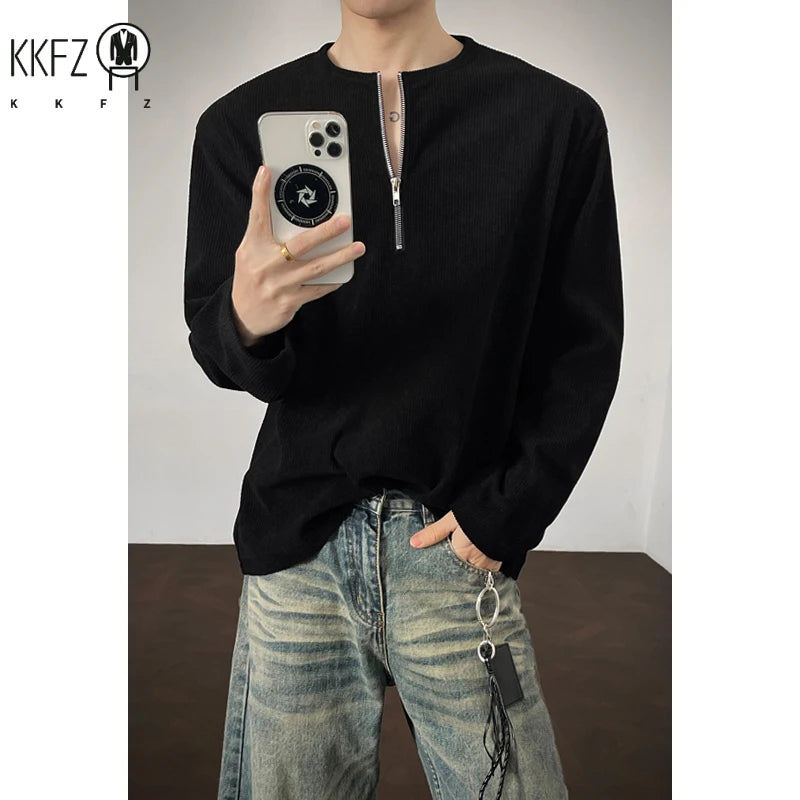 Mens Vertical Rib Corduroy Half Zip Long Sleeve Top Crew Neck Oversized Silhouette For Daily Street And Travel Wear