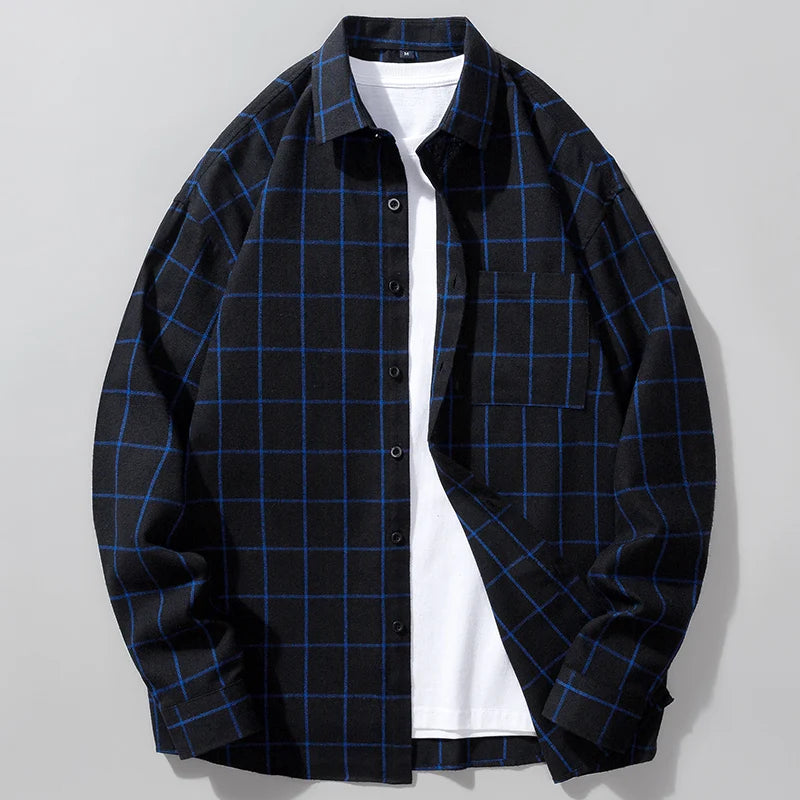 2026 New Men's Black Long Sleeve Shirt with Blue Striped Grid Decoration Casual Loose Fit Fashion Top Shirt