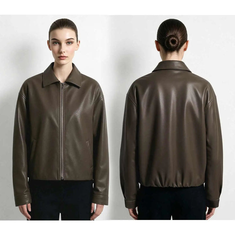 អាវធំ Amii Modern Retro Women Jacket Lapel Zip Drop Shoulder Faux Leather Jackets Oversize រដូវស្លឹកឈើជ្រុះឆ្នាំ 2026 អាវធំនារីទើបមកដល់ថ្មី 12623060
