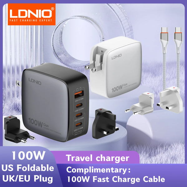 ឆ្នាំងសាក LDNIO 100W USB C ឆ្នាំងសាកចល័ត GaN សម្រាប់ធ្វើដំណើរ ឆ្នាំងសាកកុំព្យូទ័រយួរដៃច្រើនច្រក ឆ្នាំងសាកជញ្ជាំង ឆ្នាំងសាកថាមពល ដោតសហរដ្ឋអាមេរិក សហភាពអឺរ៉ុប ចក្រភពអង់គ្លេស