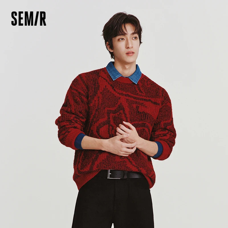 Semir Men Sweater 2026 New Red Double Sided Wear Horse Line Art Jacquard Full Print Crew Neck Knitwear Tops