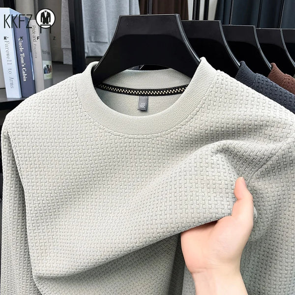 Mens Casual Stretch Long Sleeve Pullover Top Crew Neck Waffle Knit Texture Shirt Breathable Fabric Daily Wear