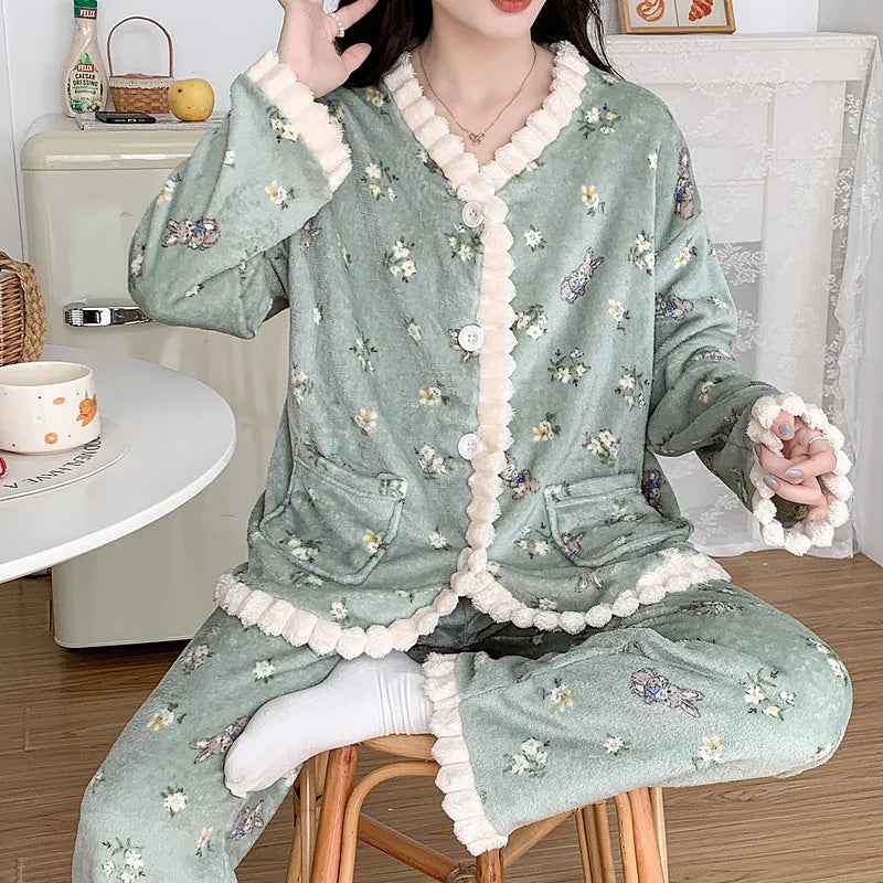 Printed Women's Winter Pajamas Flannel Korean Long Sleeve Thicken Velvet Sleepwear Set Casual Warm Coral Fleece Home Clothes