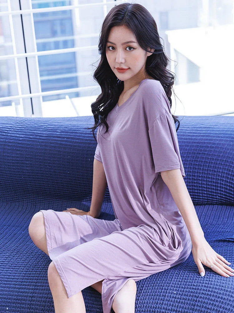 Loose Night Dress Women New V Neck Short Sleeve Sleepshirt Modal Comfortable Long Nightdress Oversize Nightgowns Female