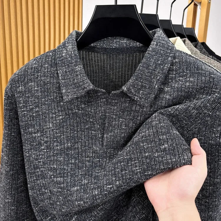 Premium Mens Knitted Polo Long Sleeve Tops Fine Rib Texture Stretch Fabric Turn Collar For Daily And Business Occasions