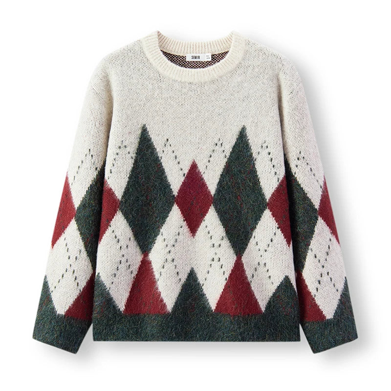 Semir Knitted Sweater Men Winter Faux Mohair Plaid Jacquard 2025 New Retro Preppy Style Couple Outfit Men'S Wear