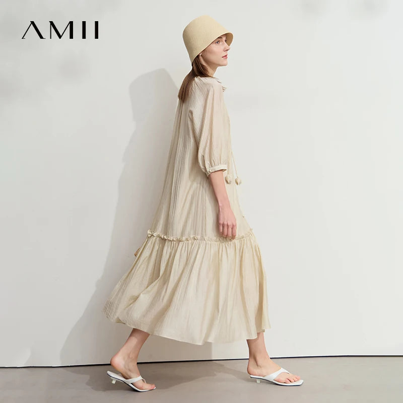 រ៉ូបការិយាល័យ AMII Minimalist សម្រាប់ស្ត្រីឆ្នាំ ២០២៦ រដូវក្តៅថ្មីដៃខ្លីក V រ៉ូបរឹងជ្រួញសម្រាប់ស្ត្រី ១២៥៤២១០៥