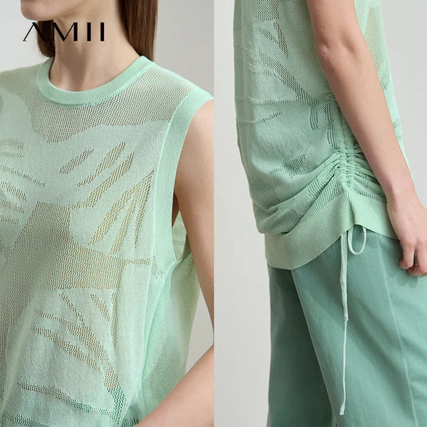 AMII Casual Loose Long Tank 2026 Summer Thin Office Lady Simple Solid O-Neck Pullovers Women Sleeveless Knit Vest Tops 12542240