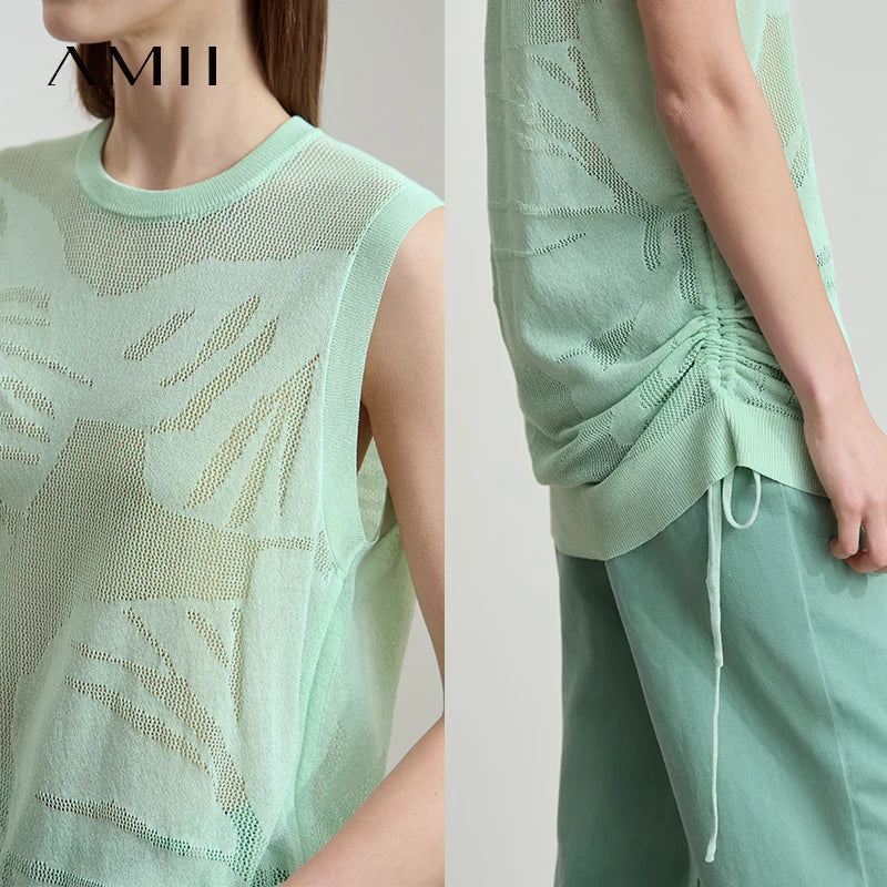 AMII Casual Loose Long Tank 2026 Summer Thin Office Lady Simple Solid O-Neck Pullovers Women Sleeveless Knit Vest Tops 12542240