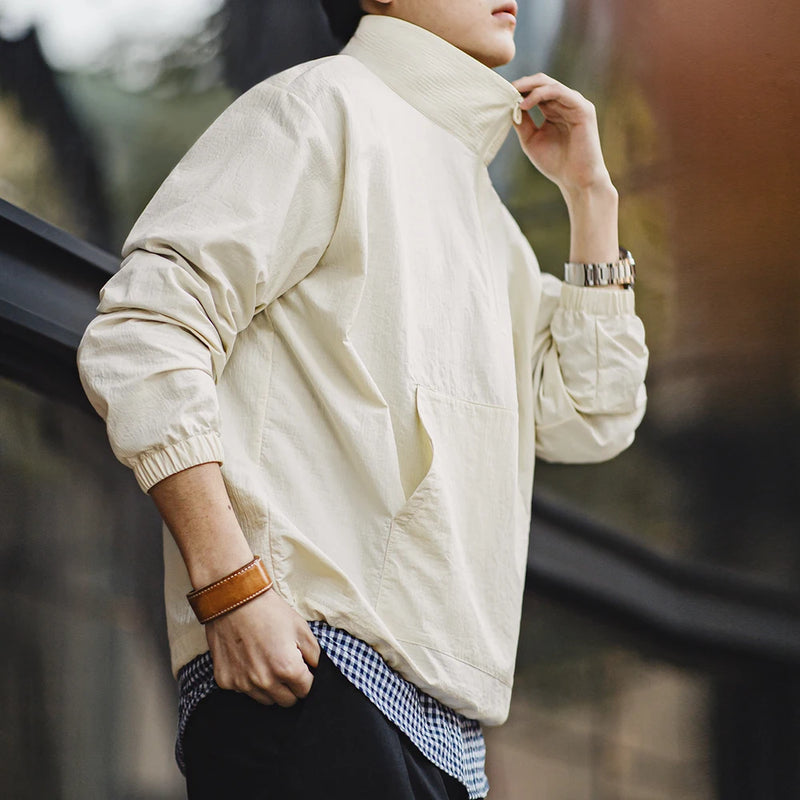 អាវក្រៅ Maden Vintage Half-Zip Stand Collar Jacket Cityboy Outdoor Hoodie Men Spring Casual Sweatshirt Sporty Urban Streetwear