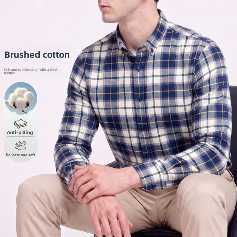 Men's 100% Cotton Brushed Plaid Long Sleeve Shirt – Soft Flannel Casual Button-Down for Outdoor & Daily Wear
