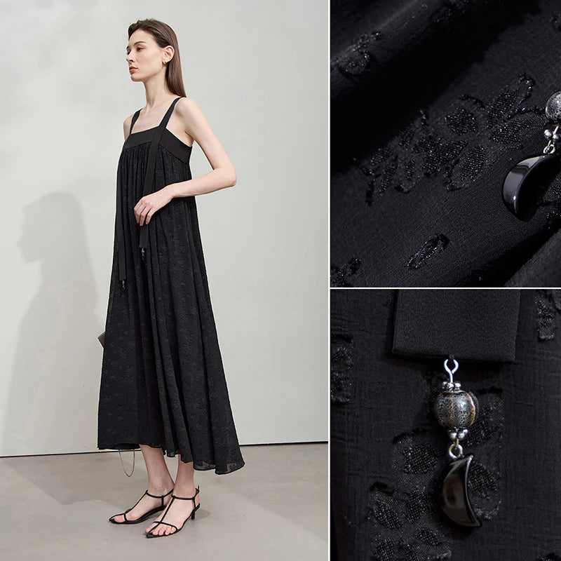 Amii Minimalist Women's Vacation Sundress 2026 Summer New Fashion Casual A-Line Wrinkle Black Elegant Strap Dresses 12552046